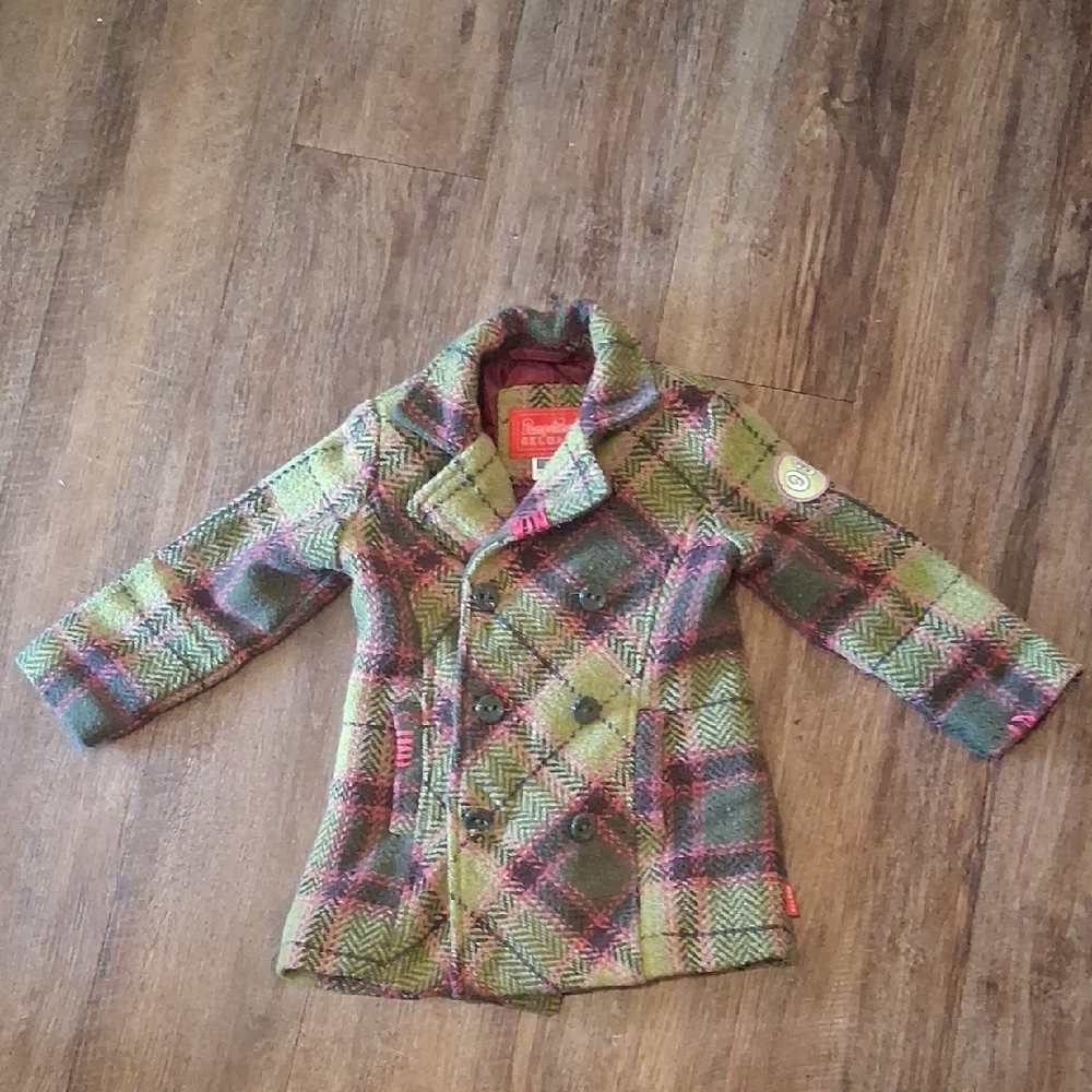 Desigual Kids Plaid Pea Coat - Green and Pink